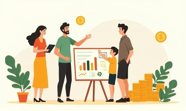 Ilustración alusiva a finanzas personales en México, mostrando una familia mexicana planificando su presupuesto con gráficos y moneda nacional