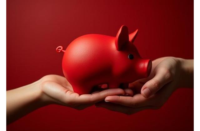 Manos sosteniendo una alcancía en forma de cerdito roja