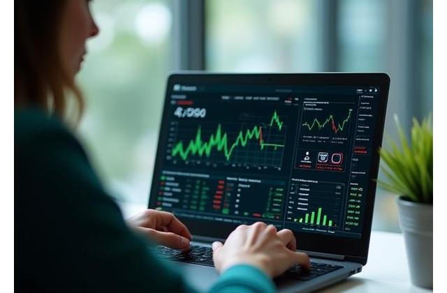 Una persona analizando gráficos de inversión en una computadora portátil