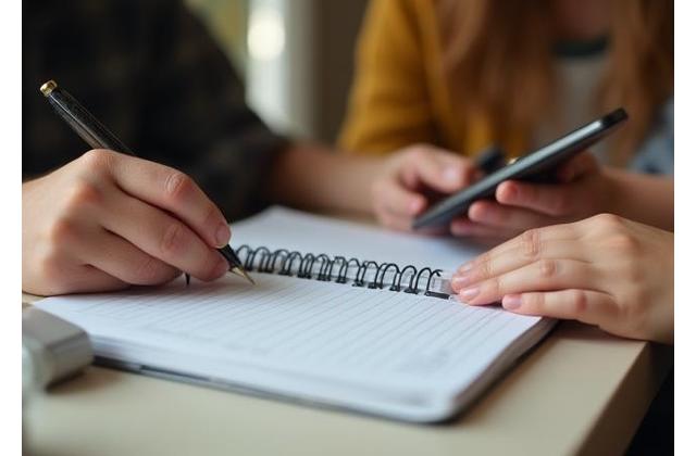 Familia planificando presupuesto mensual en una libreta